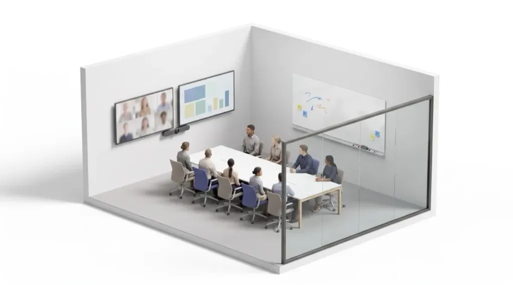Cutaway render of a large meeting room: a long table with eight people, two side-by-side wall displays showing a video call and a presentation, a dry-erase whiteboard on the side wall.