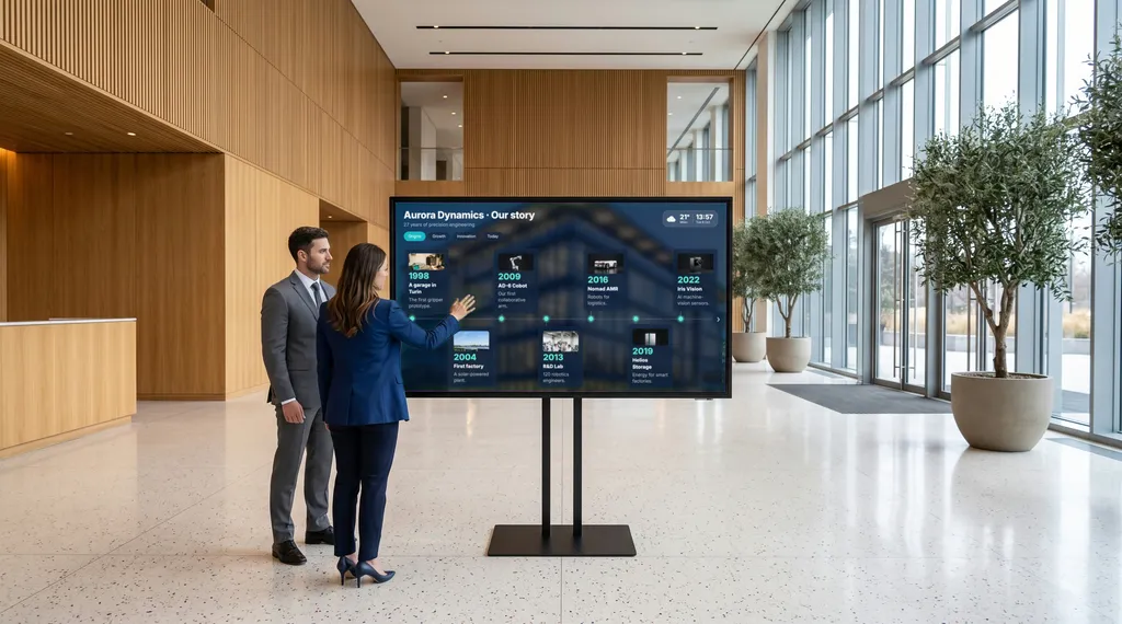 Two visitors in a corporate lobby touching the company timeline on a large touchscreen.