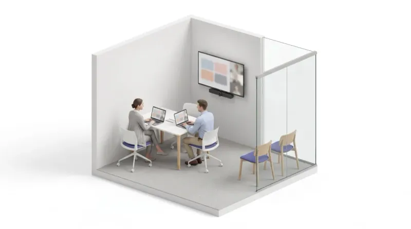 Cutaway render of a small two-person huddle room: a compact table with two people and their laptops, a wall display with a camera bar, a glass partition.