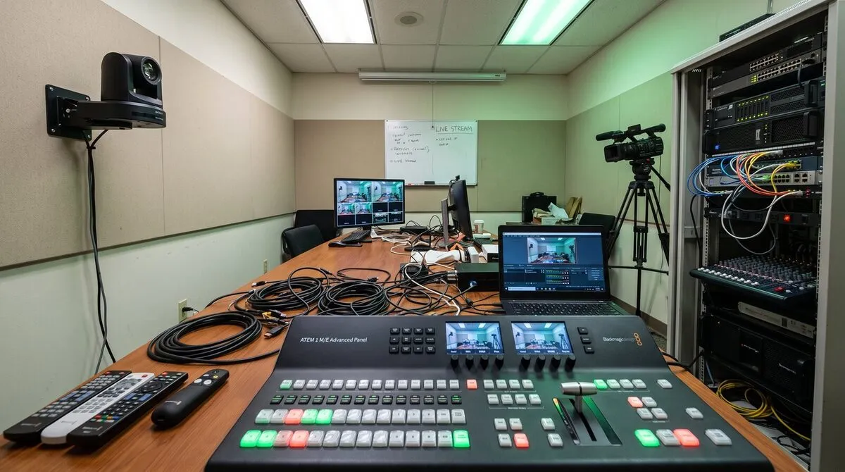 A meeting room rigged the old way: a PTZ camera on a bracket, a video mixer and a tangle of cables on the table.